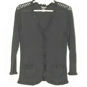 Doncaster Sweater Cardigan Small? L/S Black V-Neck Ruffle Button Front Open Knit